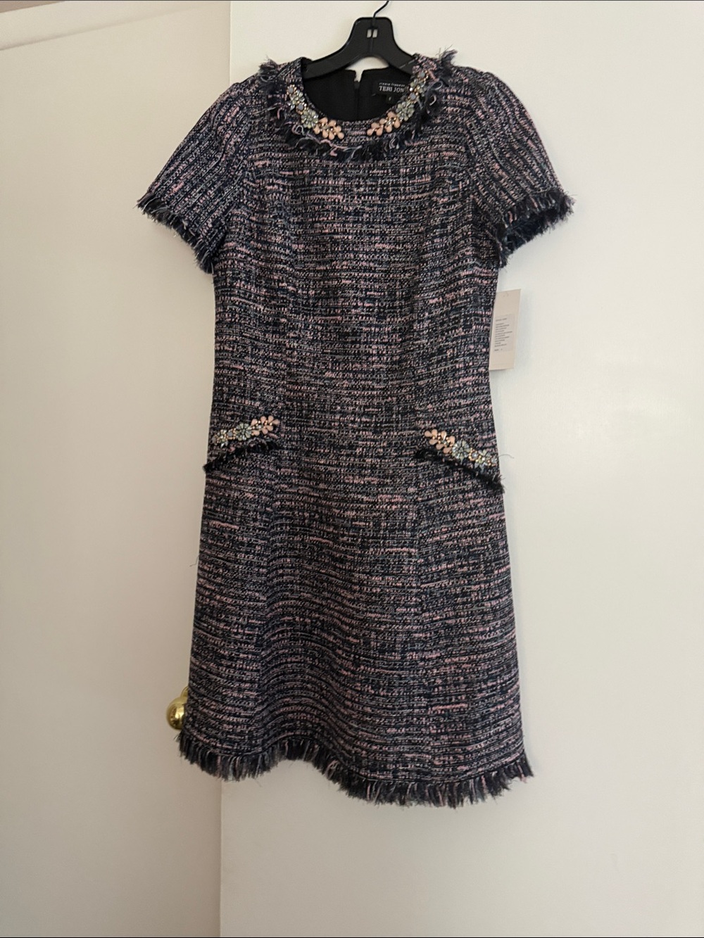 NWT Teri Jon Black and Pink Tweed Short Sleeve Decorative-Trim Shift Dress